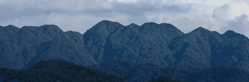 The forested peaks of Mt. Hibabagwan in the Mount Nacolod Range beneath a cloudy sky.